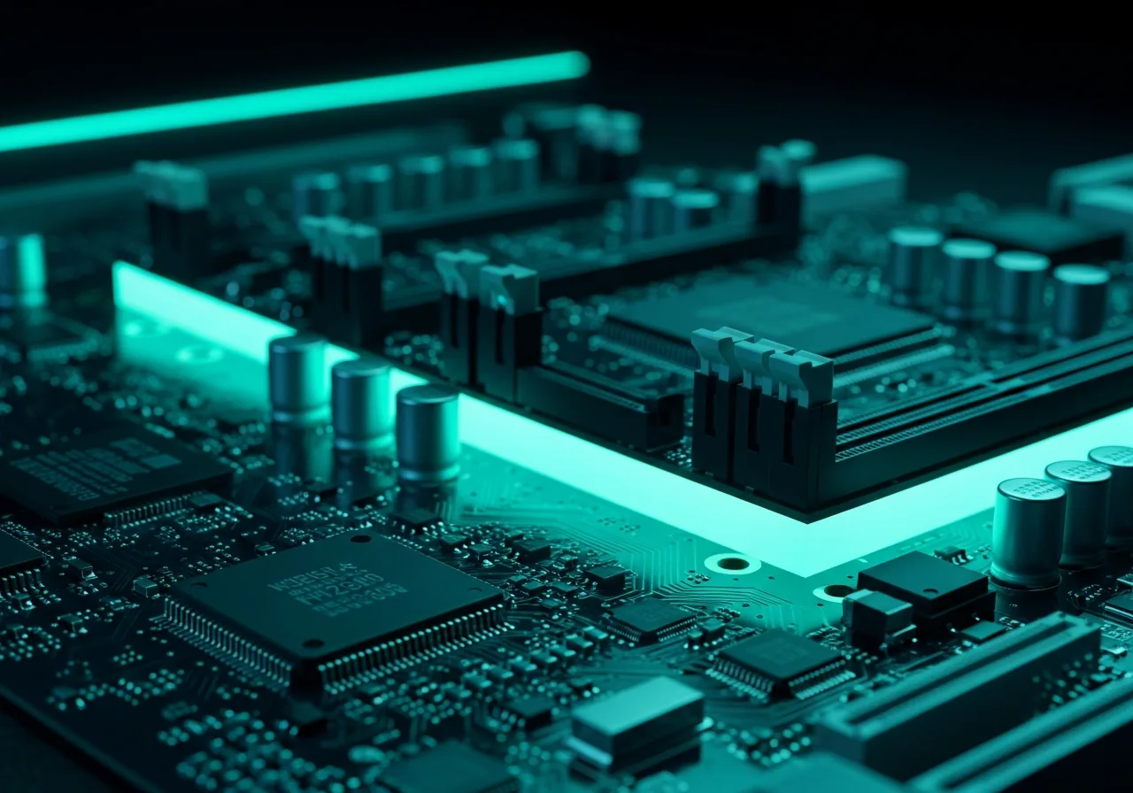 Circuit board components with teal backlight glow representing expert computer repair services