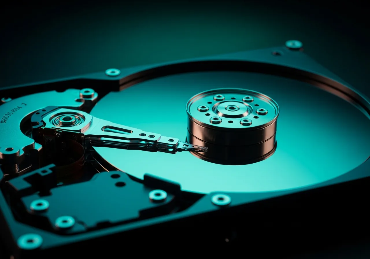Disassembled hard drive showing magnetic platters with teal studio lighting for data recovery services