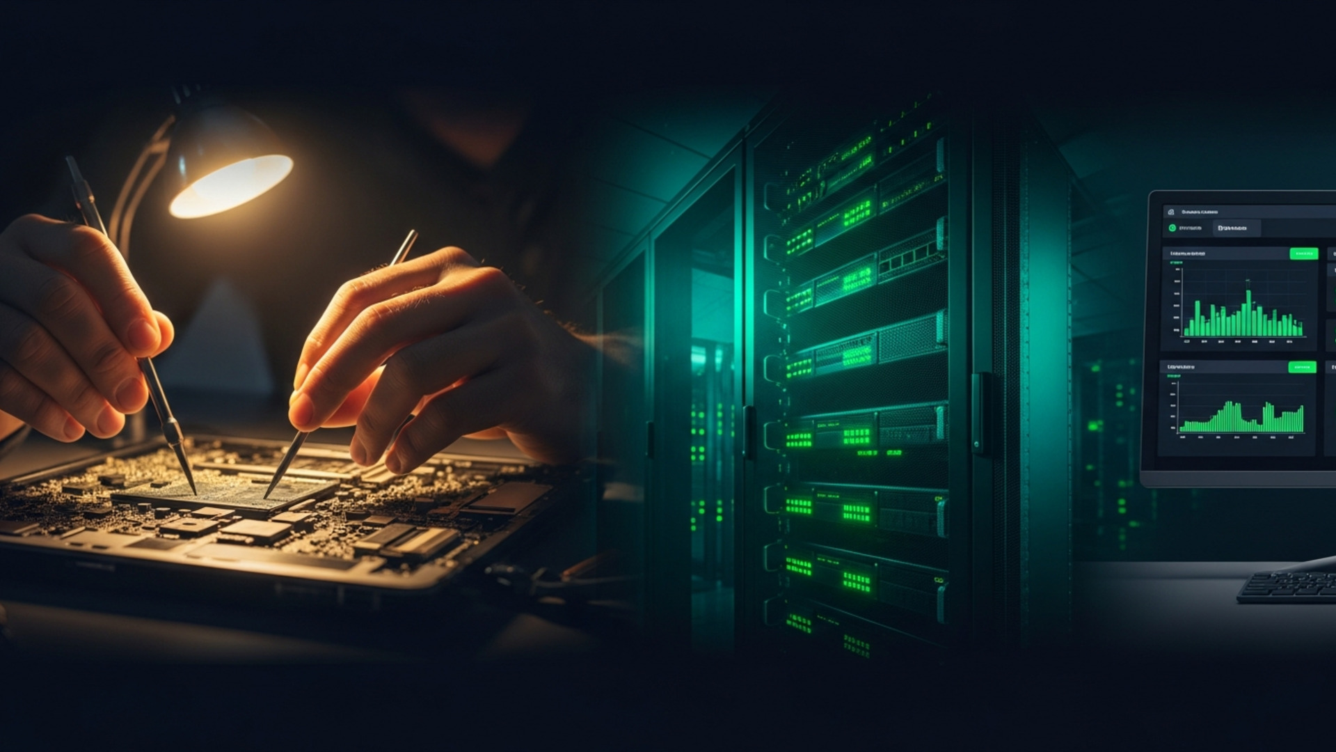 IT technician repairing a laptop with server infrastructure in the background