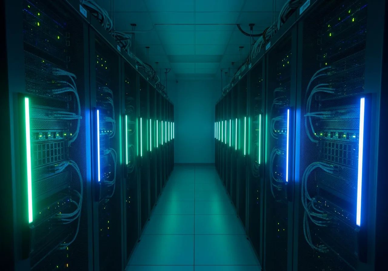 Enterprise server room with teal and navy blue lighting representing managed IT services