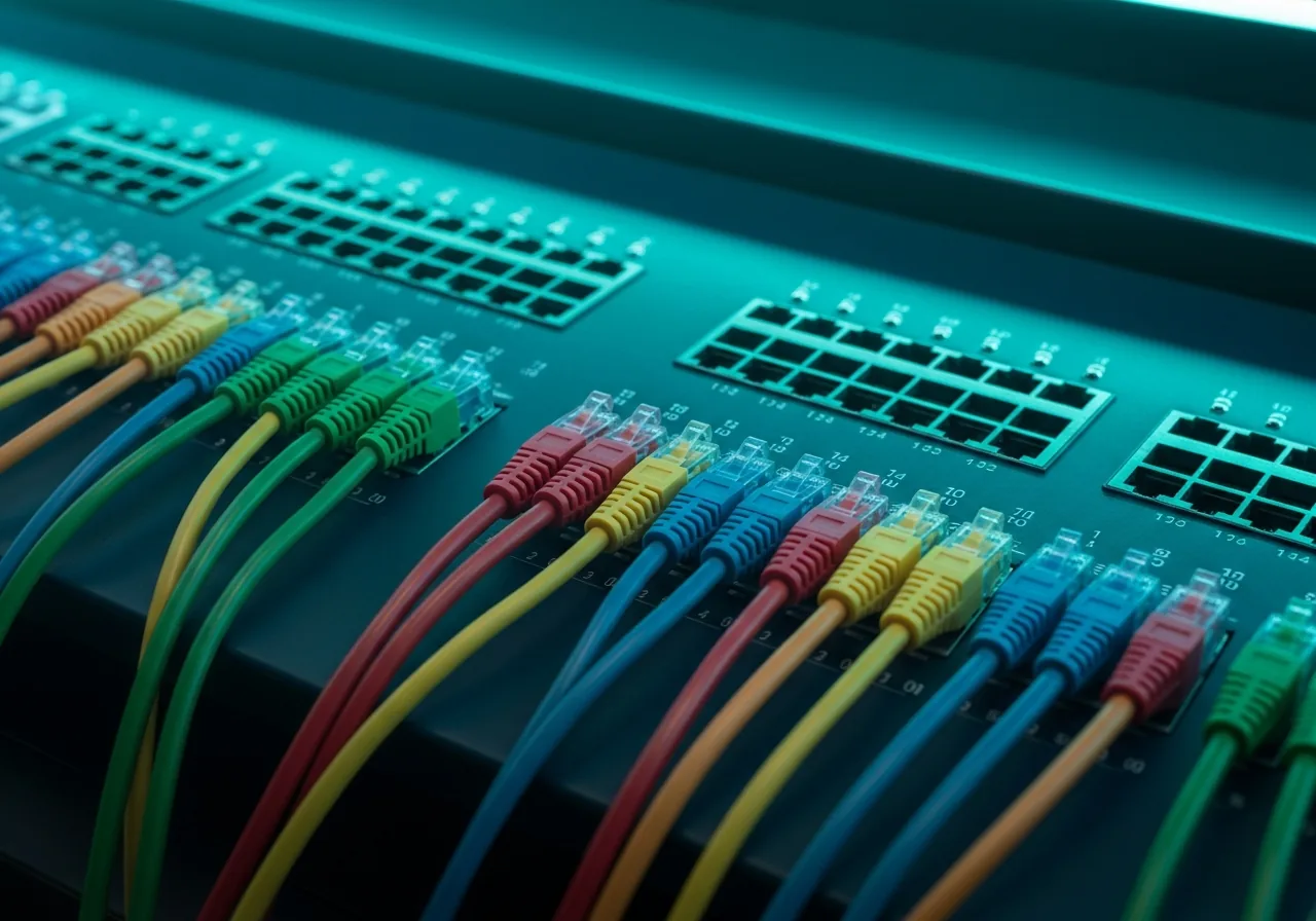 Network patch panel with ethernet cables in dark teal and navy blue lighting