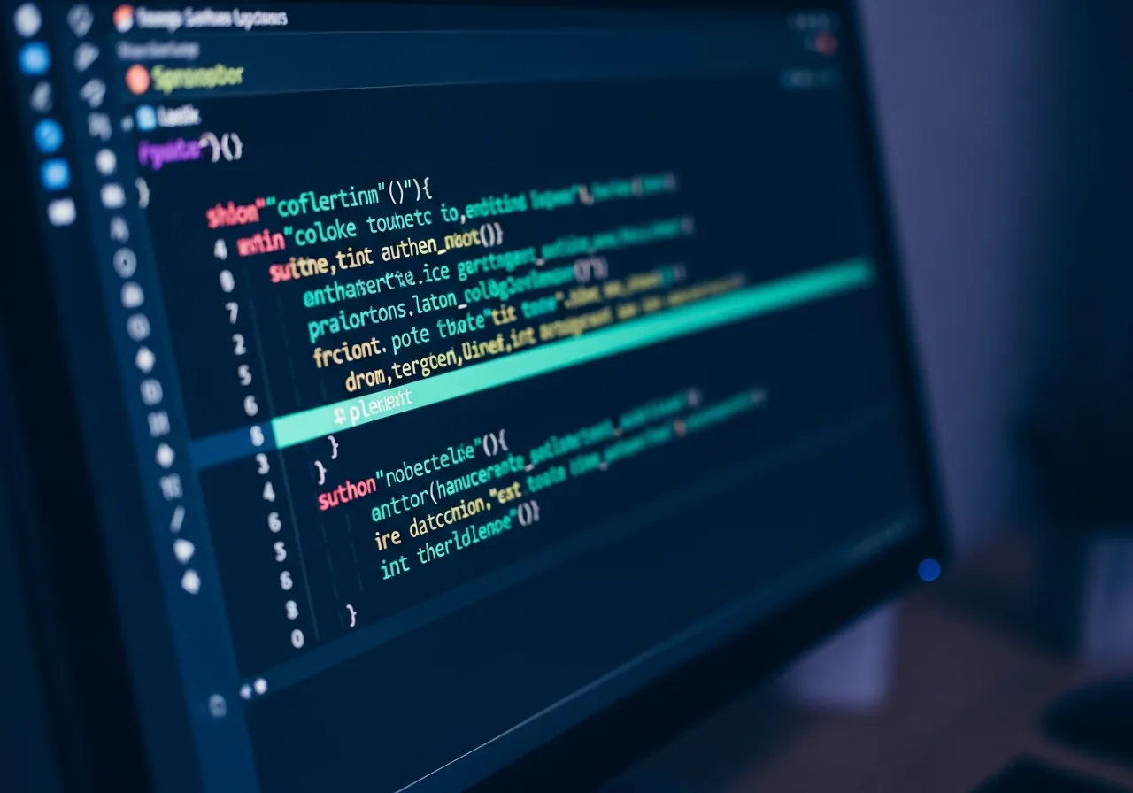 Dark code editor with teal syntax highlighting showing software development work